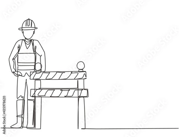Fototapeta Continuous one line drawing a construction worker is standing next to the under construction board which is located on the side of the road. Single line draw design vector graphic illustration.
