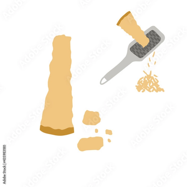 Fototapeta Hand drawn vector illustration of parmesan cheese grated with cheese grater. Isolated on white background.