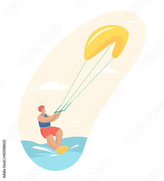 Fototapeta Fascinating kitesurfing. Male character in helmet board rushes through waves holding parachute. Extreme sports with adrenaline jumps. Fun outdoor freestyle. Vector flat illustration isolated
