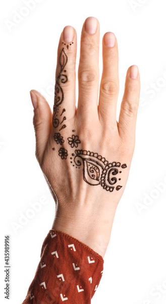 Fototapeta Woman with henna tattoo on hand against white background, closeup. Traditional mehndi ornament