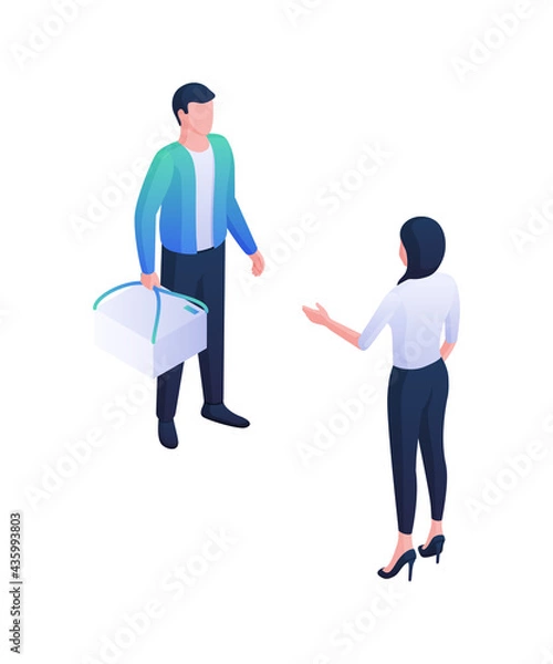 Fototapeta Courier delivery of orders isometric illustration. Male character stands with white box on handles and has conversation with woman. Services delivery high quality goods vector concept.