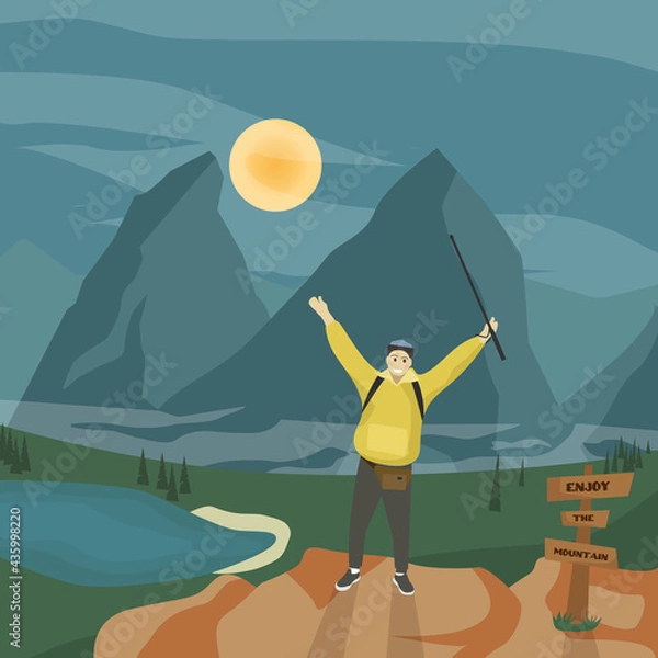 Fototapeta A man at the top of the mountain. Adventure and camping in the mountains. Traveler. Climbed to the peak. View of the lake, forest and mountains. Vector illustration. 