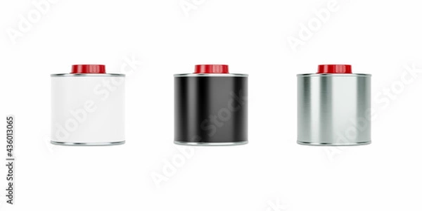 Fototapeta 500ml tin cans with red plastic caps, blank black and white labels. 