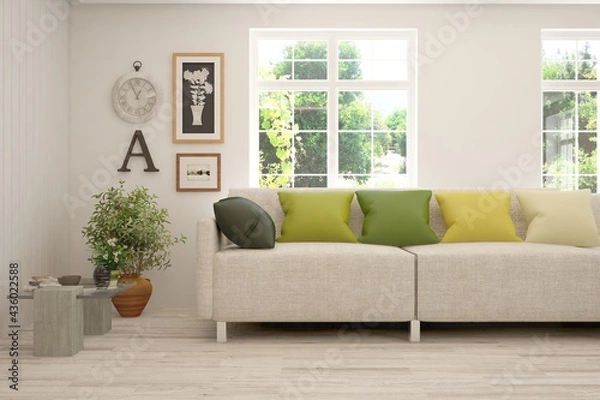 Fototapeta Minimalist living room in white color with sofa and summer landscape in window. Scandinavian interior design. 3D illustration