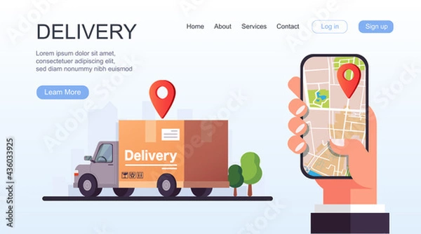 Fototapeta Hand holding mobile smart phone with app delivery tracking. Vector modern flat creative info graphics design on application.
