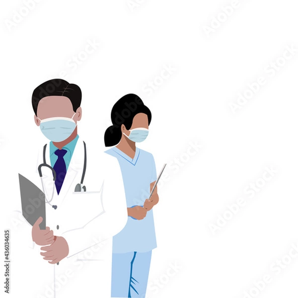 Fototapeta Close-up no face young Doctors uniform with  blue necktie and stethoscope and young nurse in uniform wearing mask. Vector flat design concept for doctor’s day, Medical health greeting card or banner 
