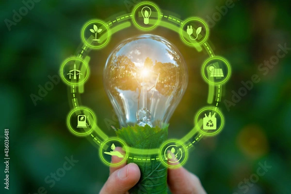Fototapeta Green energy innovation light bulb with future industry of power generation icon graphic interface. Concept of sustainability development by alternative sources renewable. Ecology and environment.