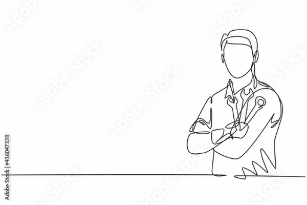 Fototapeta Single one line drawing of young male mechanic posing cross arm on chest. Professional work profession and occupation minimal concept. Continuous line draw design graphic vector illustration