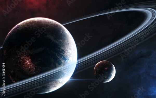 Fototapeta Inhabited planet in deep space with satellite. Beautiful cosmic landscape. Science fiction. Elements of this image furnished by NASA