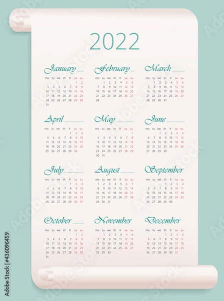 Obraz 2022 calendar in English. 12 months on parchment. Stock vector template, vertical