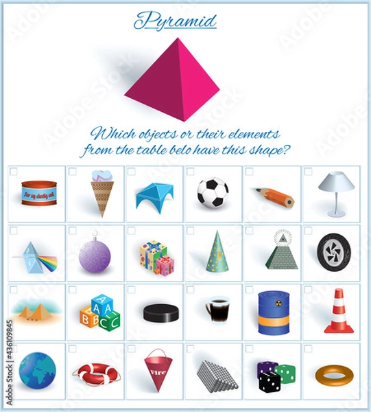 Fototapeta Pyramid. Volumetric geometrical figure with examples of such objects form