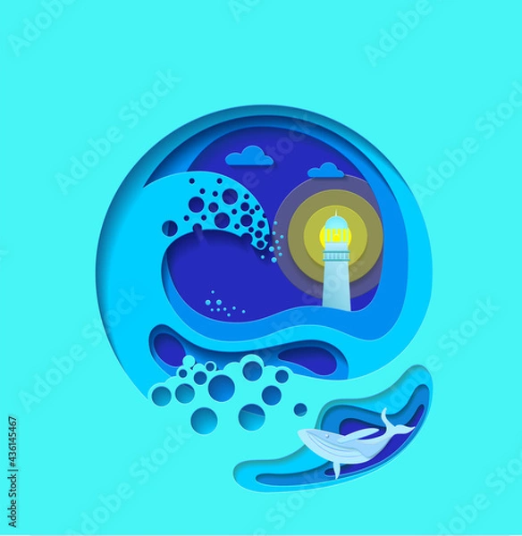 Fototapeta vector illustration with effect paper cut. ocean waves