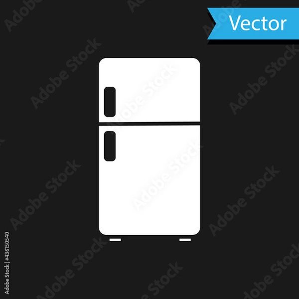 Fototapeta White Refrigerator icon isolated on black background. Fridge freezer refrigerator. Household tech and appliances. Vector