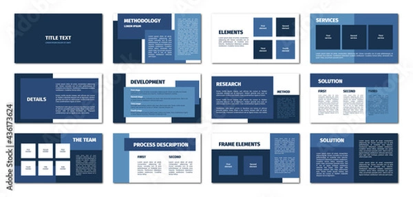 Fototapeta Presentation template. Blue rectangles flat design, white background. 12 slides. Title, methodology, element, service, detail, development, research, solution, team, process description.