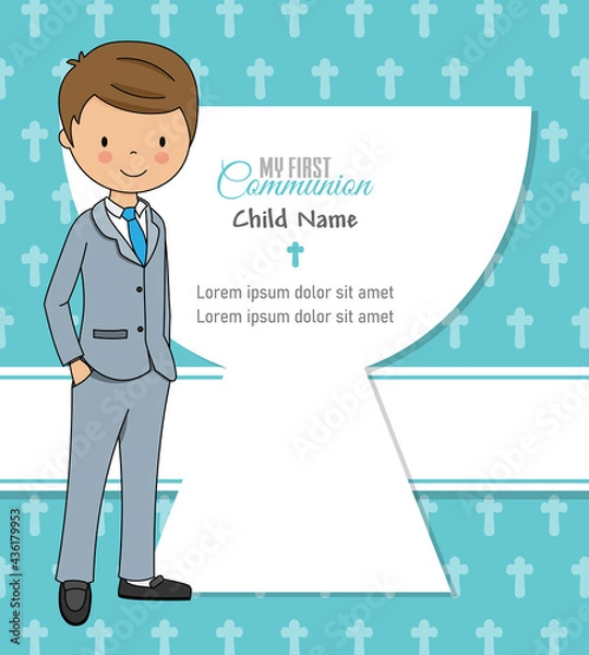 Obraz My first communion card. Boy together frame with blank space for text