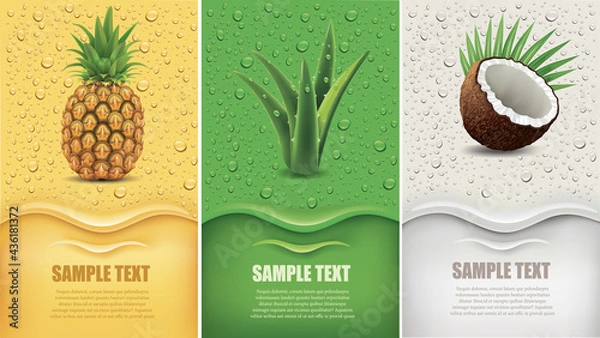 Obraz many fresh juice drops background with coconut, aloe vera, pineapple