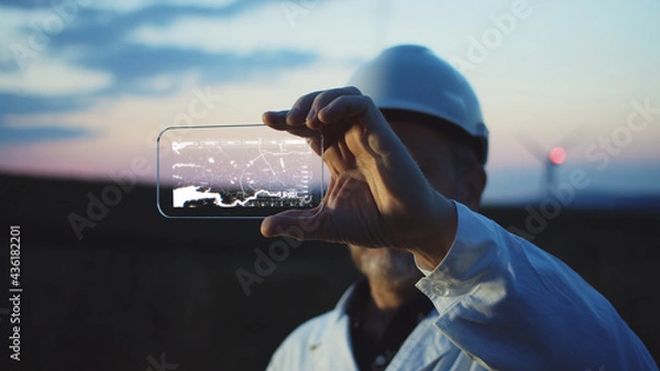 Obraz Adult male person farmer using high tech smartphone to diagnose online the workflow on modern windmill farm. Beautiful sunset sky on background. The newest technology trend of communication.
