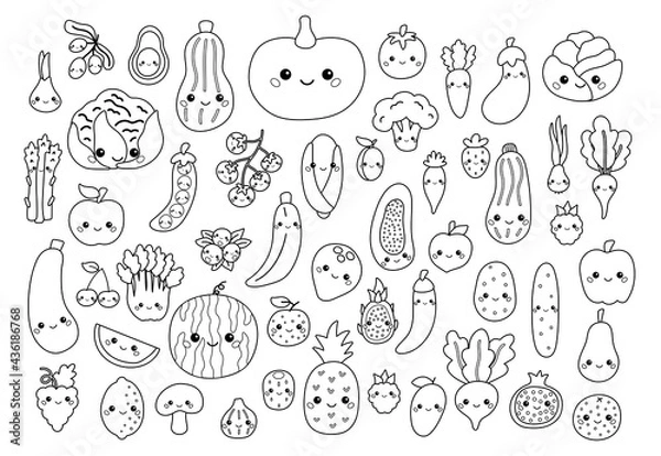 Fototapeta Big set of vegetables and fruits with face. Coloring book for children. Cute cartoon food characters with faces. Black white outline vector illustration.