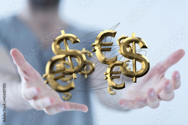 Fototapeta Packs of dollars and euro money symbol 3d.