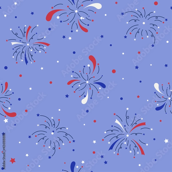 Fototapeta Seamless pattern of the fireworks to the Independence Day and Bastille Day in the national colors of the flags. Blue, White and red firework. The pattern is fixed in swatches. Vector illustration