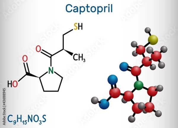 Obraz Captopril molecule. It is angiotensin-converting enzyme inhibitor, ACE inhibitor, used in the treatment of hypertension, high blood pressure. Structural chemical formula and molecule model. Vector ill