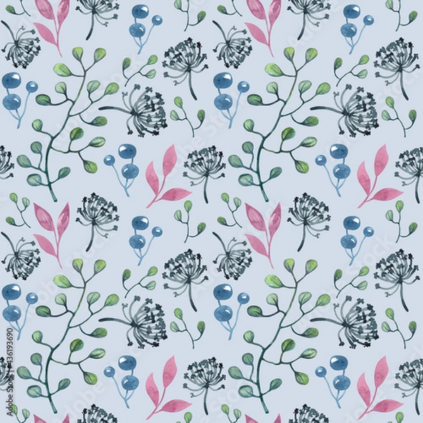 Fototapeta watercolor seamless pattern of twigs, berries, leaves on a blue background