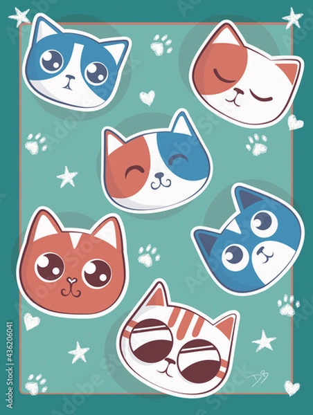 Obraz Cute cats expressions in green background