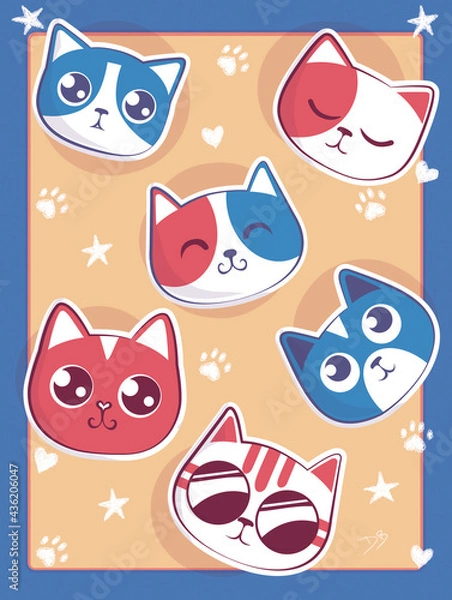 Fototapeta Cute cats expressions in orange background
