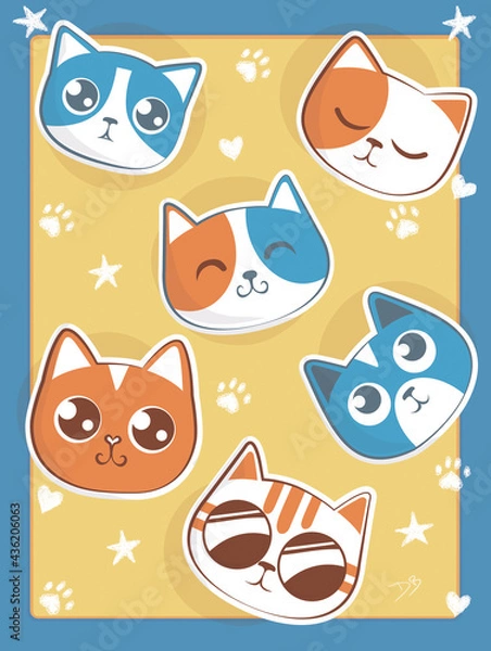 Obraz Cute cats expressions in yellow background