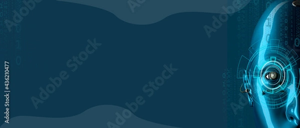 Fototapeta Future technology concept. Robot head, artificial intelligence, face Recognition. Facial Recognition System concept. Face ID. Person identification through the system of recognition. (3D Illustration)