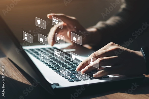 Fototapeta businessman Are working on the laptop keyboard to use the search engine optimization tool. To find customers or promote and advertise on online content for technology, marketing and business concept.