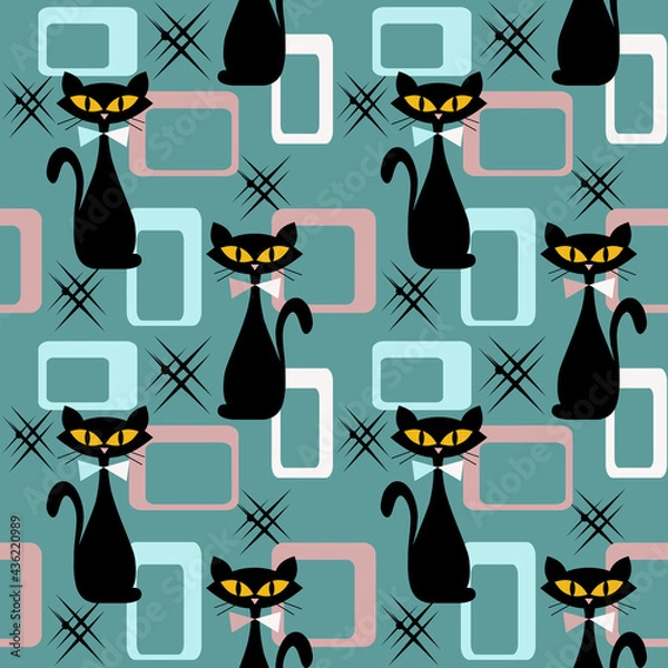 Fototapeta Colorful abstract Mid Century style pattern with black cat, black stars and colorful (blue, white, pink) cubes decoration on turquoise background