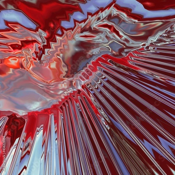 Fototapeta Background of glitch manipulations with 3D effect. Abstract flow of crystals with glass texture in red shades. It can be used for web design and visualization of music