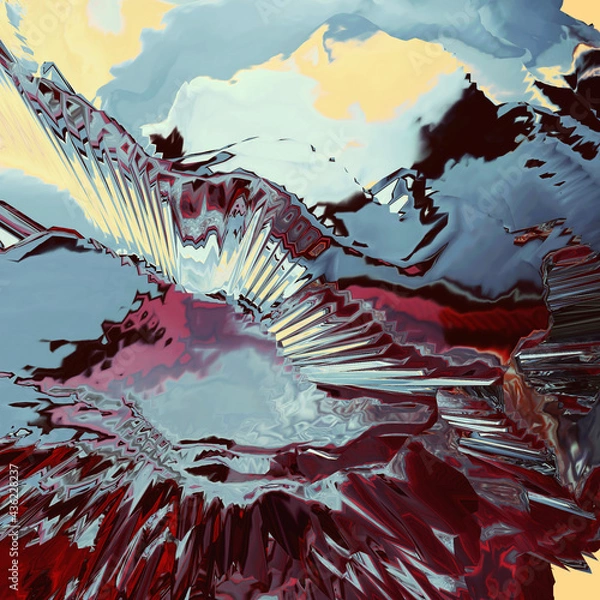 Fototapeta Background of glitch manipulations with 3D effect. Abstract flow of crystals with glass texture in red, blue and yellow shades. It can be used for web design and visualization of music