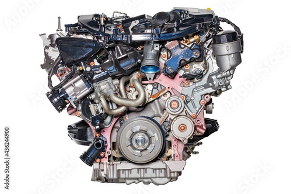 Fototapeta Internal combustion engine of modern car isolated on white background.