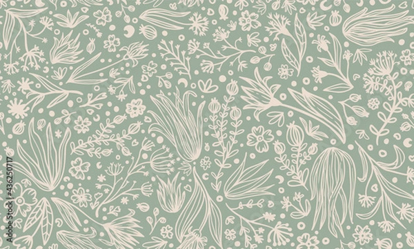 Obraz Different doodled vector botanical elements, flowers, leaves, branches, grass, herbs with dots and hearts seamless repeat pattern. All over surface print on sage green background.