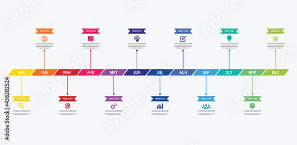 Fototapeta 12 months or 1 year timeline infographic, timeline infographics for annual report and presentation,Timeline infographics design vector and Presentation business.
