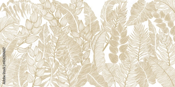Fototapeta Horizontal background with various exotics golden leaves. Hand drawn luxury golden tropical leaf on dark background. Vector linear illustration of leaves.