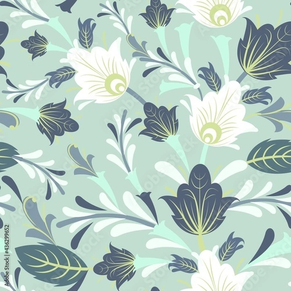 Obraz Floral ornament. Seamless pattern. Nice interlacing of branches and flowers. Illustration in a simple flat symbolic style. Funny rural cartoon design. Vector