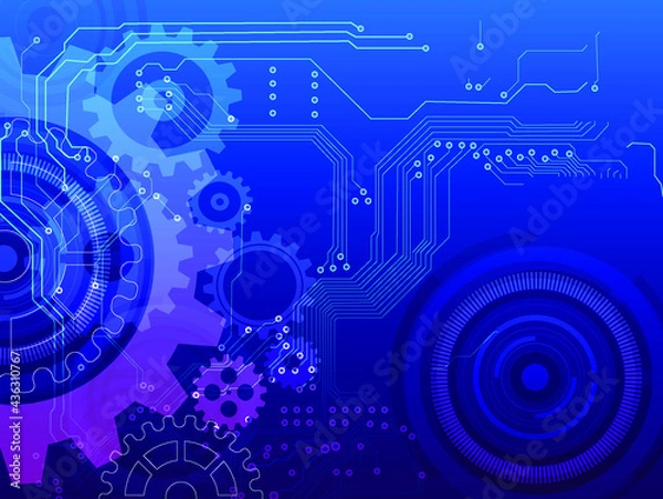 Fototapeta Abstract techno gear background with geometric colorful gear wheels. Space for gear text. Vector gears modern mechanism industrial concept. Technology gears background. Gears Vector illustration 