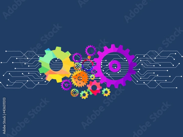 Fototapeta Abstract techno gear background with geometric colorful gear wheels. Space for gear text. Vector gears modern mechanism industrial concept. Technology gears background. Gears Vector illustration 