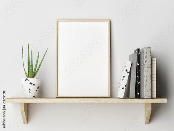 Fototapeta Mockup poster on wooden shelf with books, home decoration, 3d render, 3d illustration.