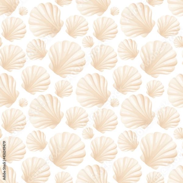 Fototapeta Seamless pattern of realistic bivalve pearl shells. Cartoon inhabitants of the seas and oceans in pastel colors. Background decoration of the underwater world.