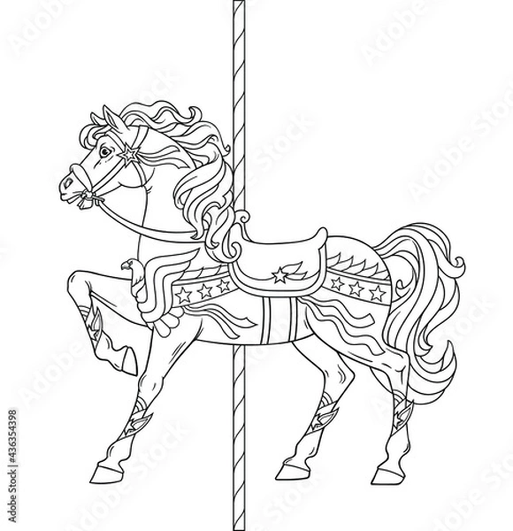 Obraz Carousel Horse, Merry go round horse, French carousel, Stars and ribbons, Retro carousel, Parks, Funfair carnival. Vector illustration of carousel horse on carnival ride