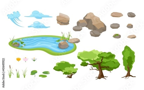 Obraz Landscape constructor. Set of different nature forests and hills. Set of rocks and mountains, trees and clouds, rives