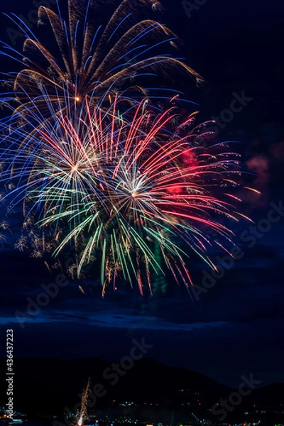 Fototapeta 室蘭港の色鮮やかに夜空を彩るしだれ花火