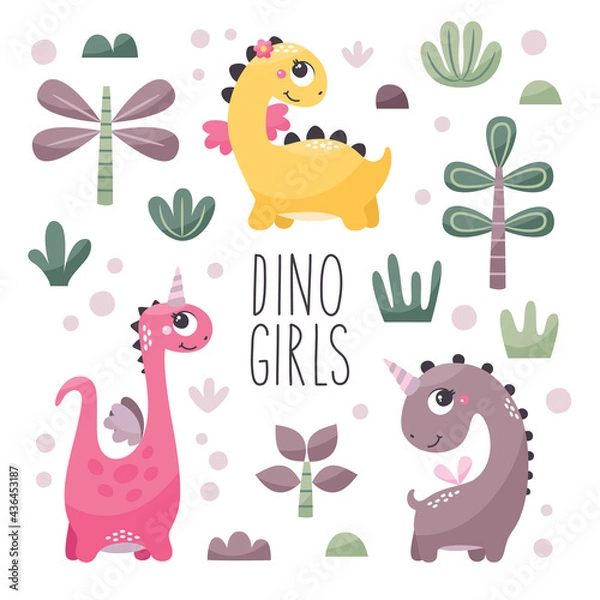 Fototapeta Cute Vector Set with Dinosaur Girls with plants, trees, bushes, stones in trendy colors