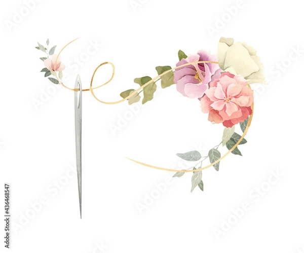 Obraz Watercolor hand painted sewing-machine decorated with flowers. Soft pastel colors. Perfect for logo design