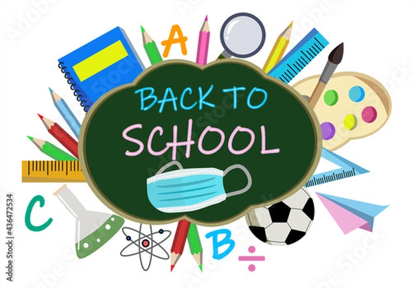 Fototapeta Green chalk board with wording Back to school and colorful classroom or study accessories to welcome back for new semester with face mask to protect from Coronavirus or COVID 19