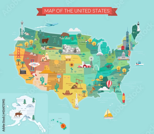 Fototapeta USA tourist map with famous landmarks and state names.